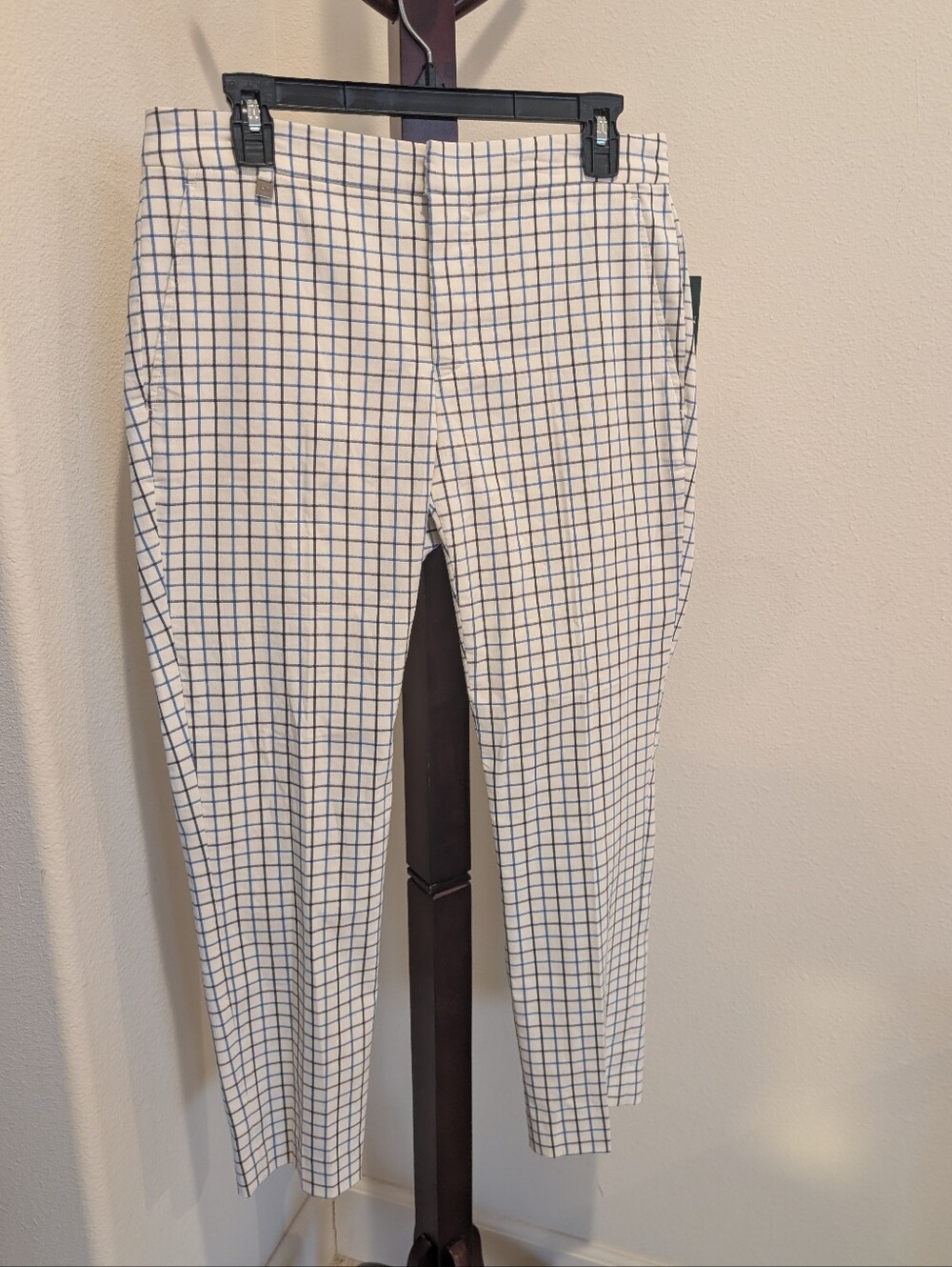 Ralph Lauren Windowpane Check Straight Leg Pants - White & Blue, Size 6 - NEW